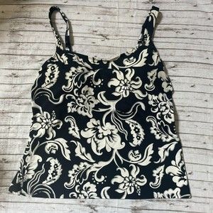Lands End Tankini Swim Top 12 Padded Black and White Floral Adjustable Straps